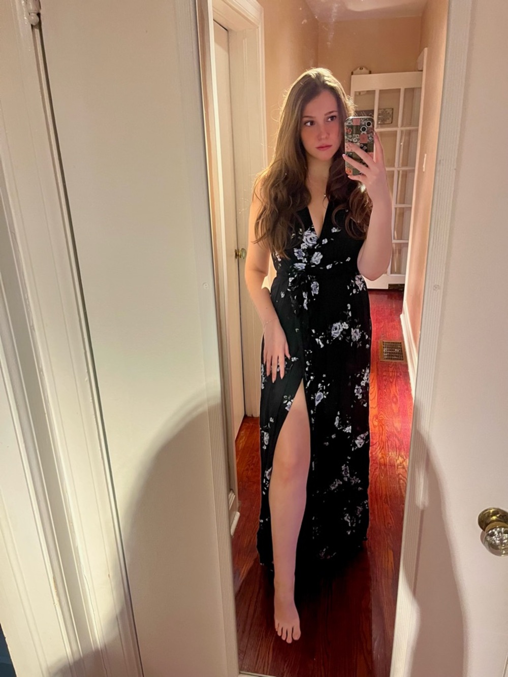 Dynamite - Black Floral V-Neck Maxi Dress with Front Slit